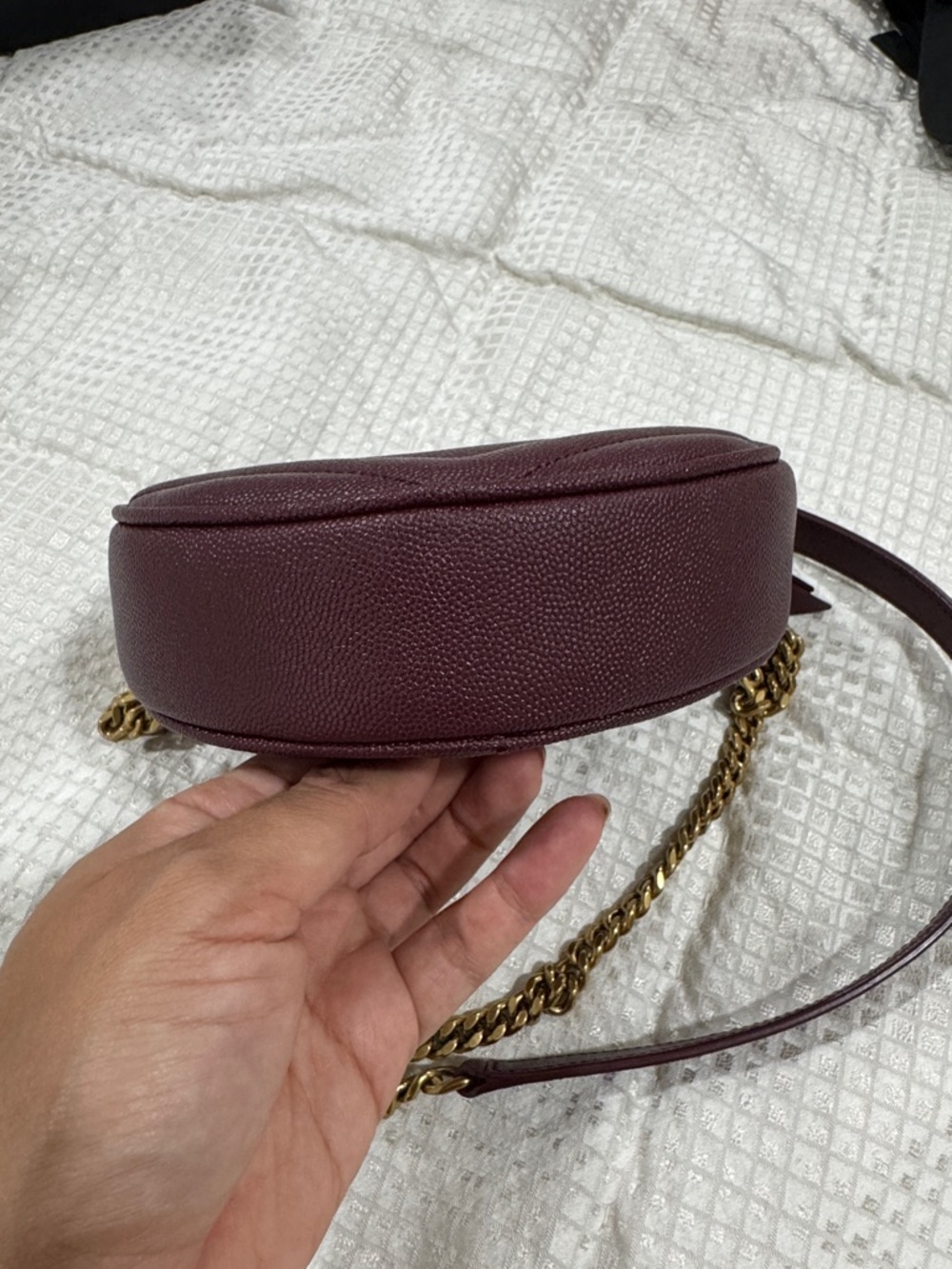 Saint Laurent Wine Quilted Round Crossbody with Gold YSL Chain - Picture 7 of 13